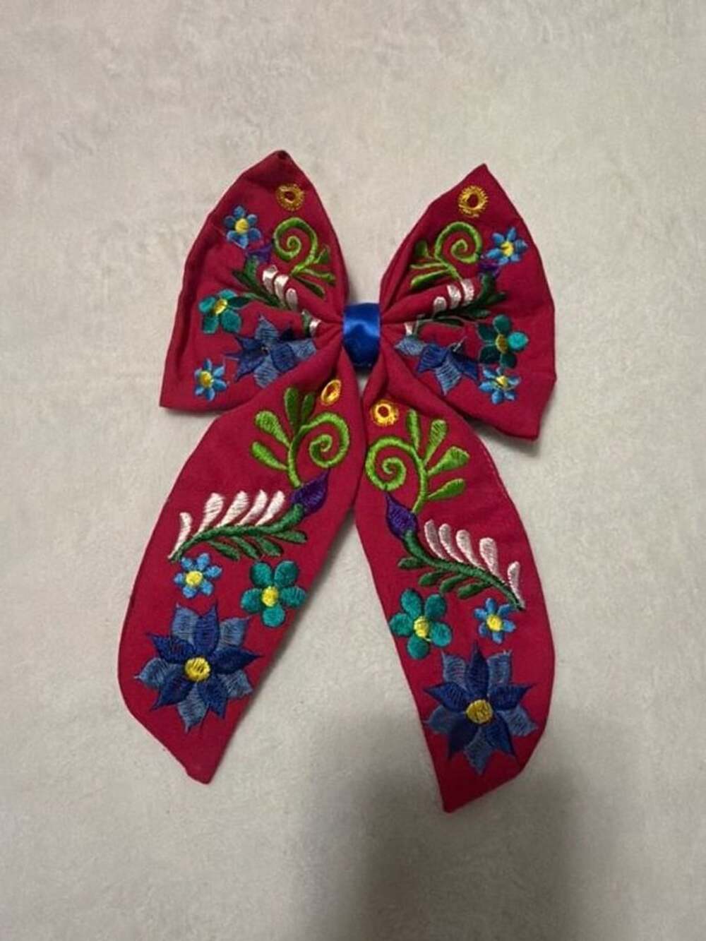 Mexican Embroidered Floral Bow Hair Clip Red